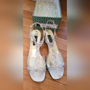 J.Renee Cream Beaded Clear T-Strap Slingback Sandals